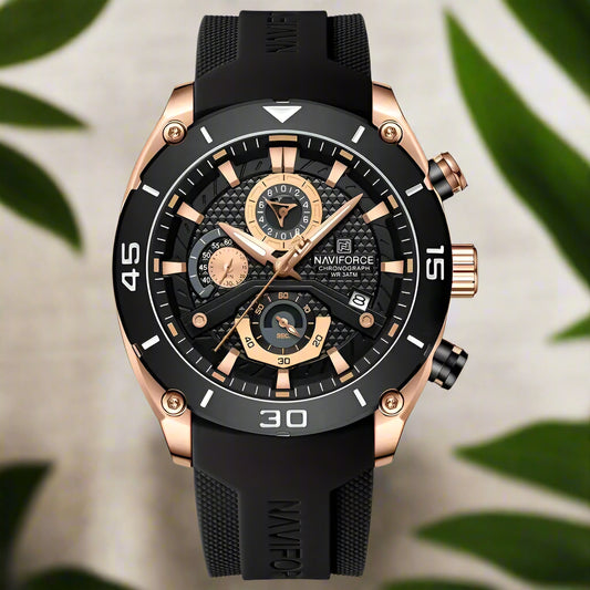 NAVIFORCE Golden & Black Men’s Sports Quartz Watch – Stopwatch, Date Display, Silica Gel Strap