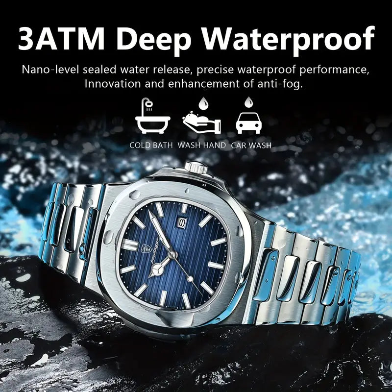POEDAGAR Square Men’s Quartz Watch – Stainless Steel Strap, Luminous Calendar, 3ATM Water Resistant