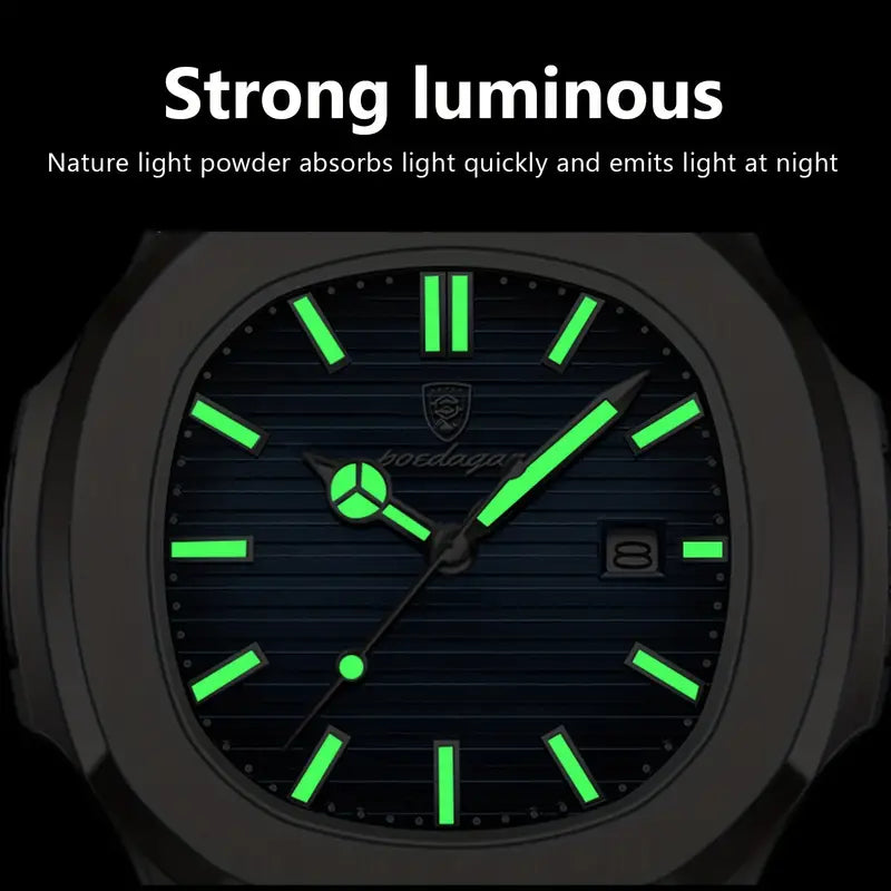 POEDAGAR Square Men’s Quartz Watch – Stainless Steel Strap, Luminous Calendar, 3ATM Water Resistant