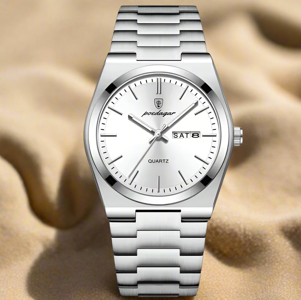 PODAGAR Ultra-Thin Men’s Calendar Watch – Stylish Stainless Steel Quartz Watch with Day-Date Display