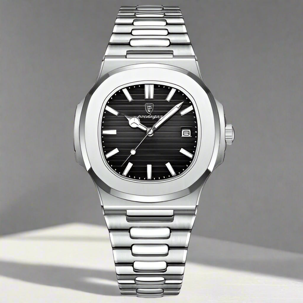 POEDAGAR Square Men’s Quartz Watch – Stainless Steel Strap, Luminous Calendar, 3ATM Water Resistant