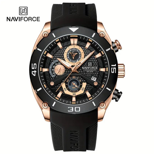 NAVIFORCE Golden & Black Men’s Sports Quartz Watch – Stopwatch, Date Display, Silica Gel Strap