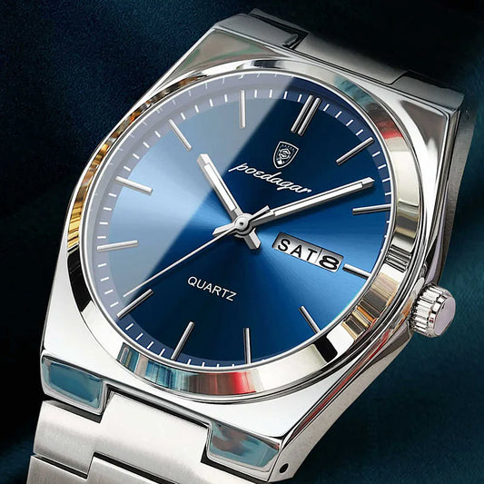 PODAGAR Ultra-Thin Men’s Calendar Watch – Stylish Stainless Steel Quartz Watch with Day-Date Display
