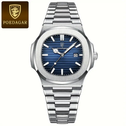 POEDAGAR Square Men’s Quartz Watch – Stainless Steel Strap, Luminous Calendar, 3ATM Water Resistant