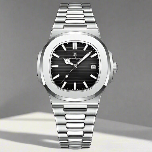 POEDAGAR Square Men’s Quartz Watch – Stainless Steel Strap, Luminous Calendar, 3ATM Water Resistant