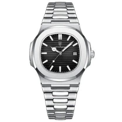 POEDAGAR Square Men’s Quartz Watch – Stainless Steel Strap, Luminous Calendar, 3ATM Water Resistant