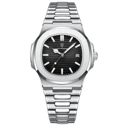 POEDAGAR Square Men’s Quartz Watch – Stainless Steel Strap, Luminous Calendar, 3ATM Water Resistant